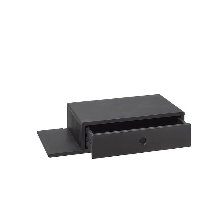 Hope Floating Nightstand Black Beech - drawer open showing interior, extended side shelf, solid black beech wood