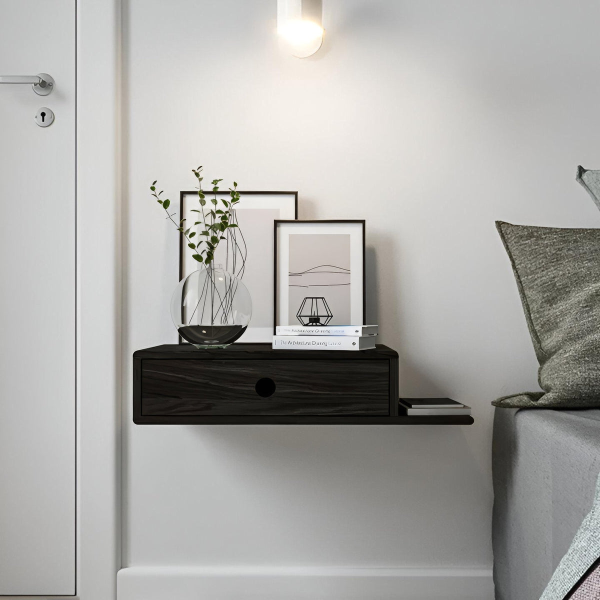 Hope Black Beech Floating Nightstand - wall-mounted beside bed, single drawer, minimalist solid black beech wood