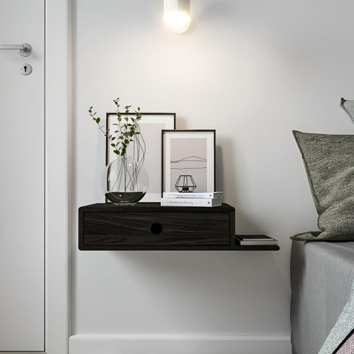 Hope Black Beech Floating Nightstand - wall-mounted beside bed, single drawer, minimalist solid black beech wood
