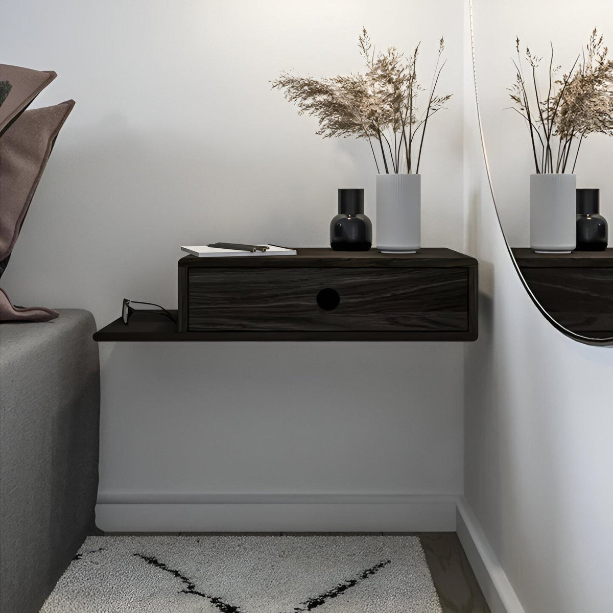 Hope Floating Nightstand in Black Beech - wall-mounted, single drawer, clean lines, solid black beech, angled view