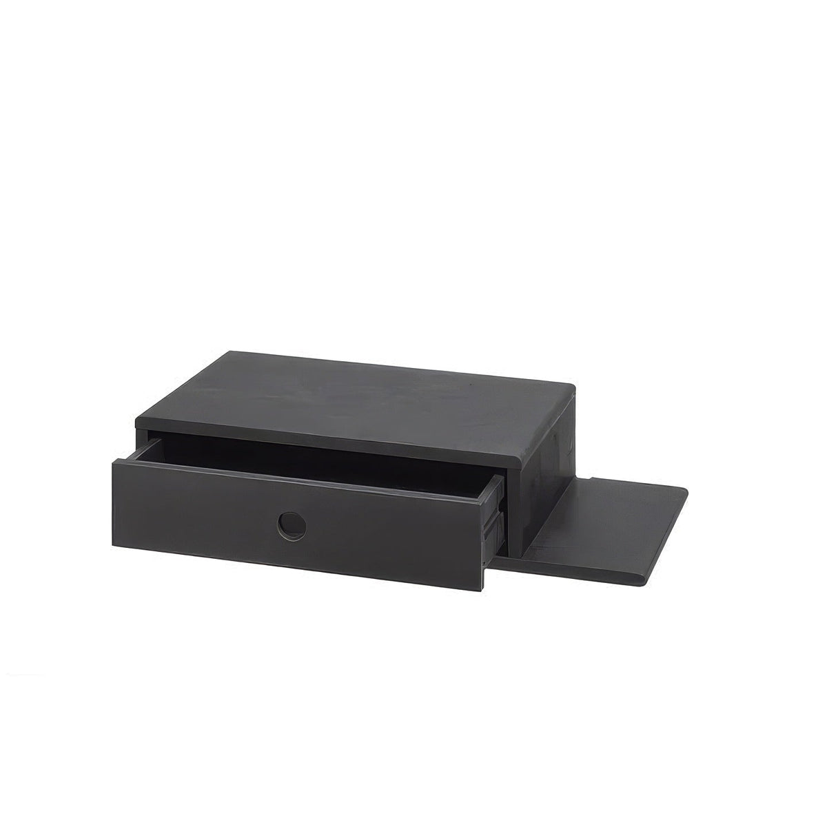 Hope Black Beech Floating Nightstand - extended side shelf and open drawer, solid black beech, alternate angle