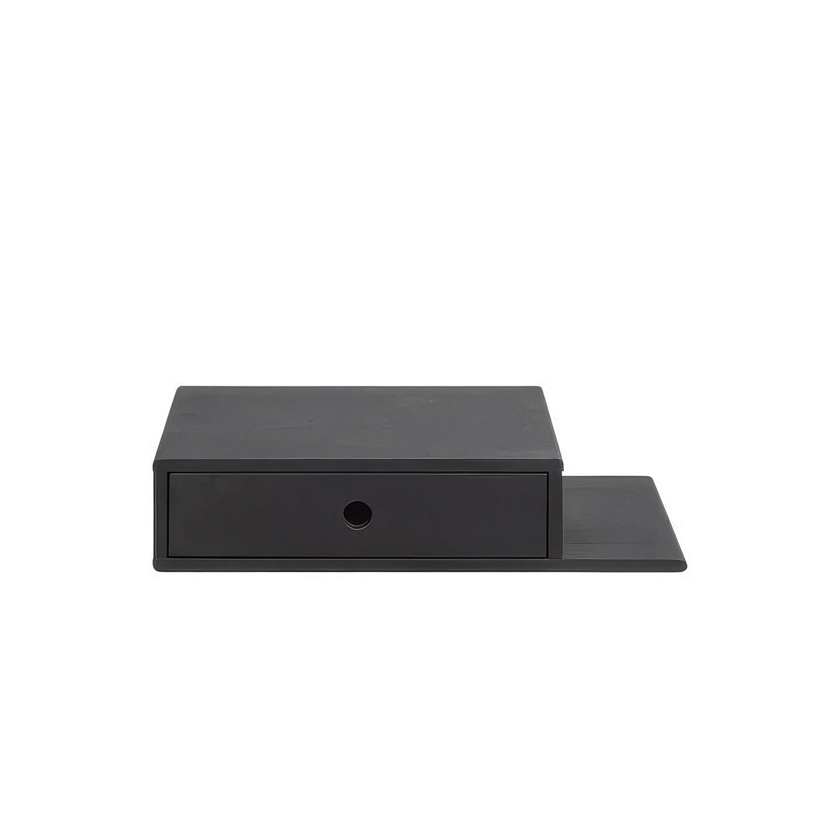Hope Black Beech Floating Nightstand - single drawer and extended flat side shelf, wall-mounted solid beech