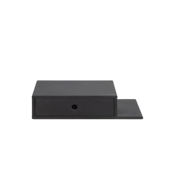 Hope Black Beech Floating Nightstand - single drawer and extended flat side shelf, wall-mounted solid beech