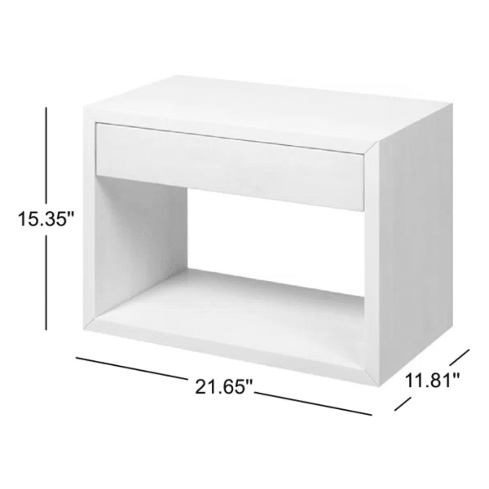 Floating Oak Wood Wide Nightstand Hugo in white finish with drawer and open shelf, minimalist solid oak bedside table dimensions shown, gallery 1