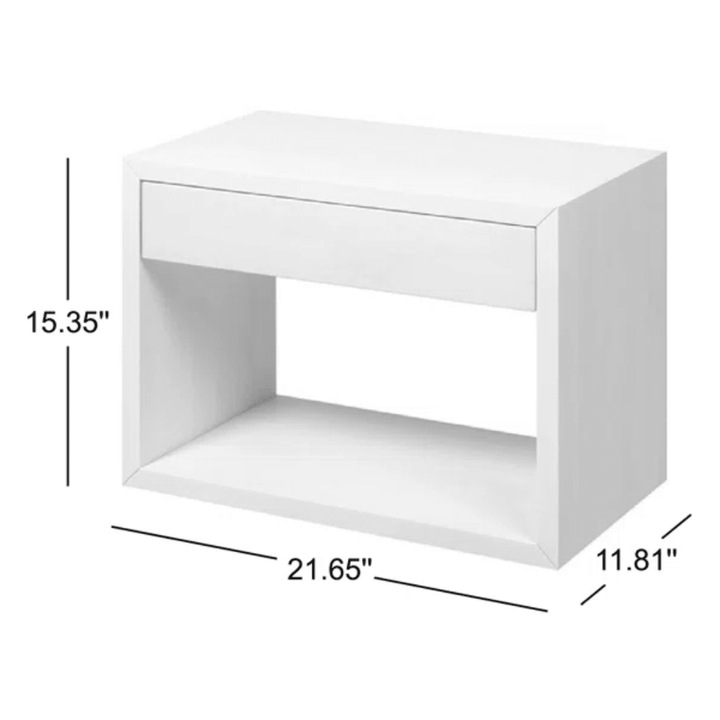 Floating Oak Wood Wide Nightstand Hugo in white finish with drawer and open shelf, minimalist solid oak bedside table dimensions shown, gallery 1