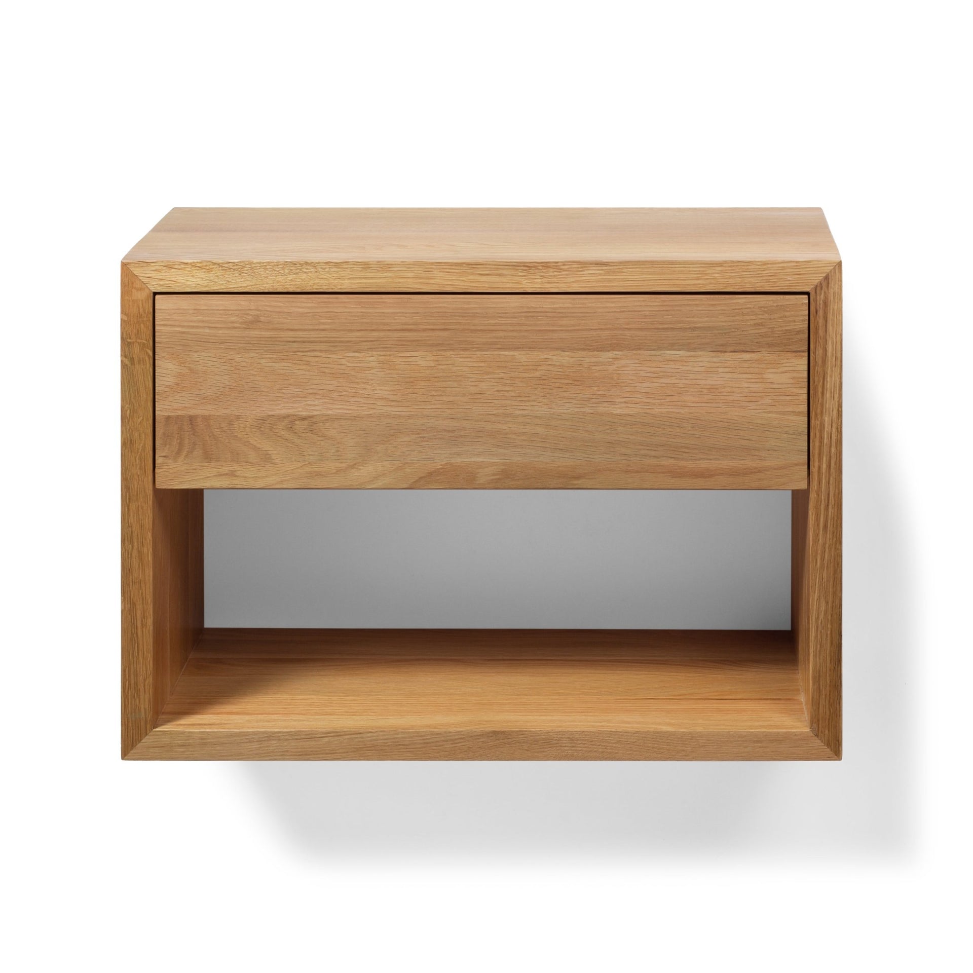 Floating Oak Wood Wide Nightstand Hugo with minimalist Scandinavian design, solid oak construction, and open shelf for storage or display.