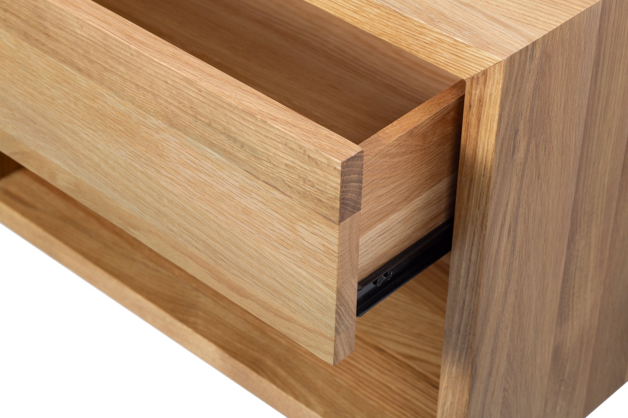 Close-up of drawer detail in Floating Oak Wood Wide Nightstand Hugo showcasing solid oak construction and minimalist design craftsmanship
