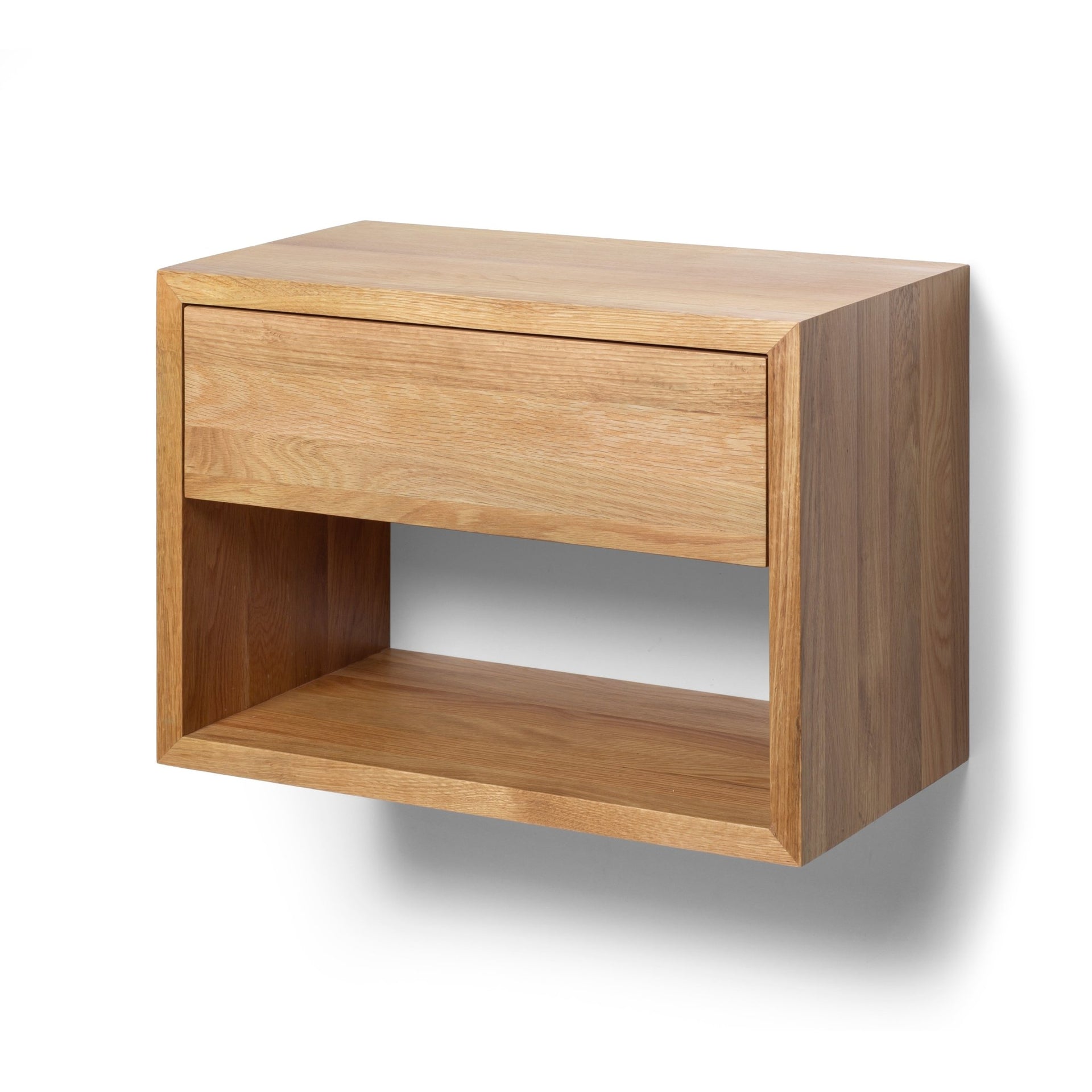 Floating Oak Wood Wide Nightstand Hugo with minimalist Scandinavian design, solid oak wood, single drawer, and open shelf, wall-mounted bedside table.