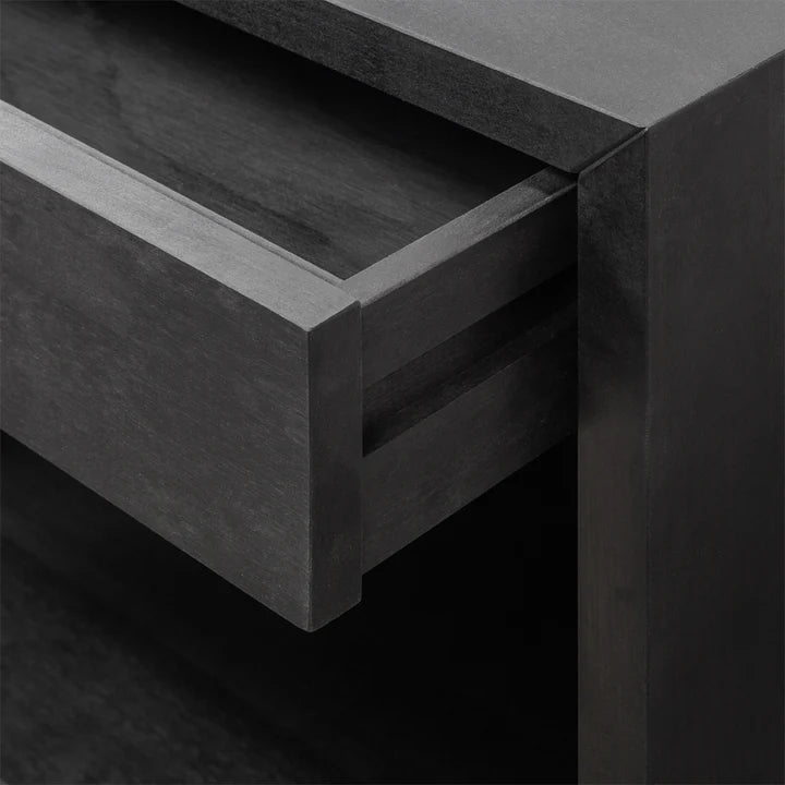 Hugo Black Beech Floating Nightstand - close-up of open drawer and smooth dark matte lacquer surface, solid beech