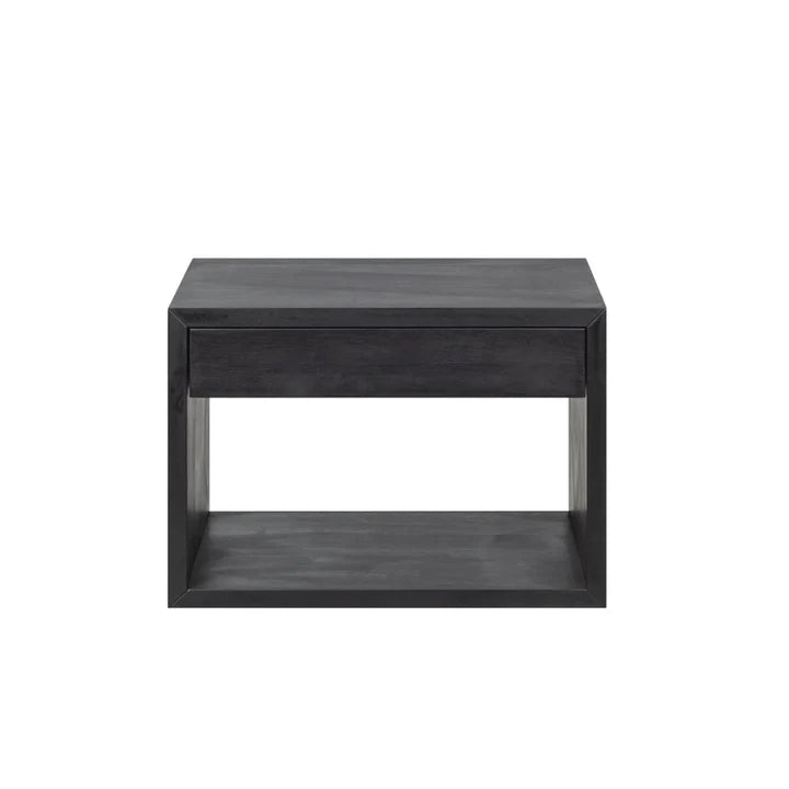 Hugo Floating Wide Nightstand in Black Beech - open lower shelf and drawer, solid beech wood, matte black finish