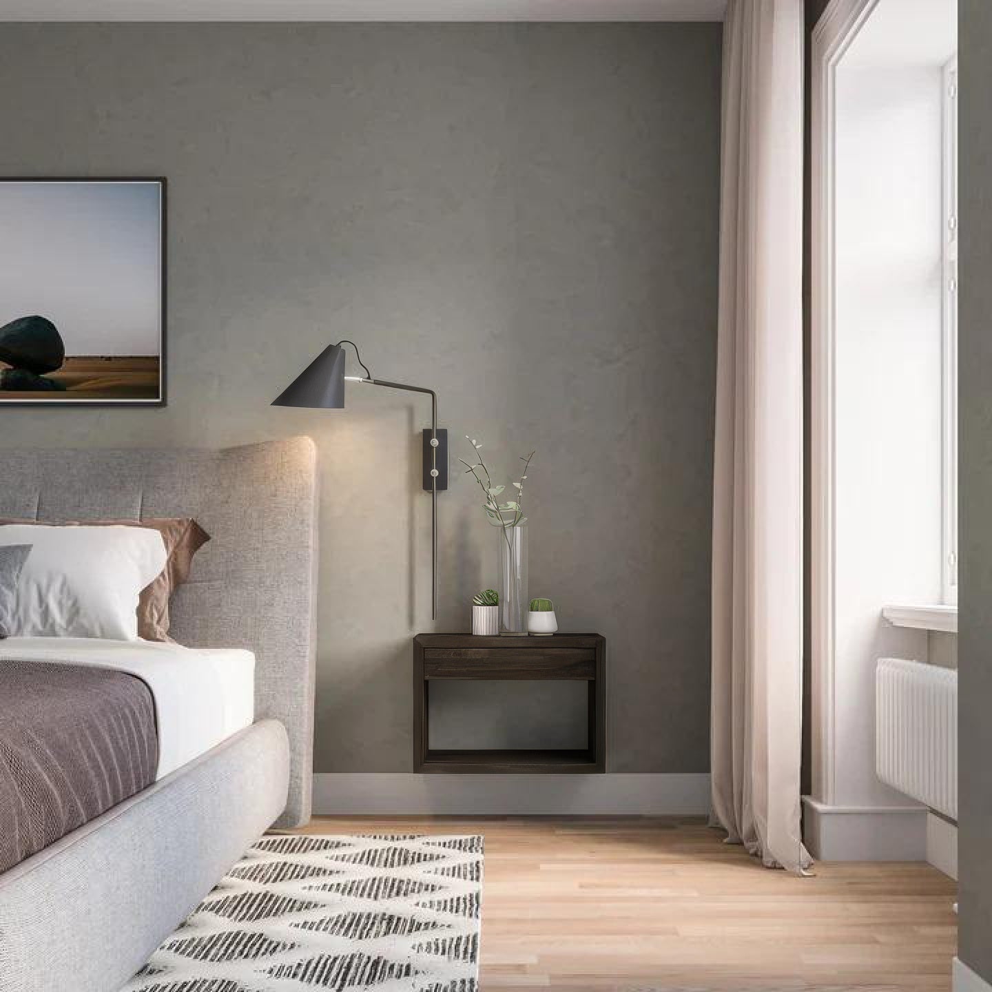 Hugo Floating Wide Nightstand in Black Beech - wall-mounted, drawer and open shelf, minimalist dark matte finish, front view
