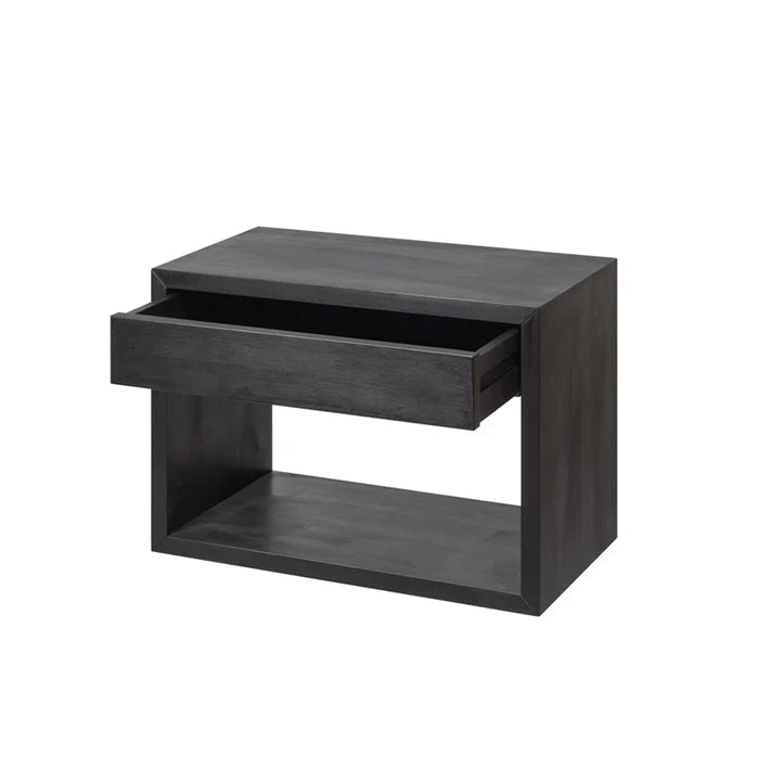 Hugo Black Beech Floating Nightstand - drawer pulled open showing interior storage, solid beech wood, wall-mounted