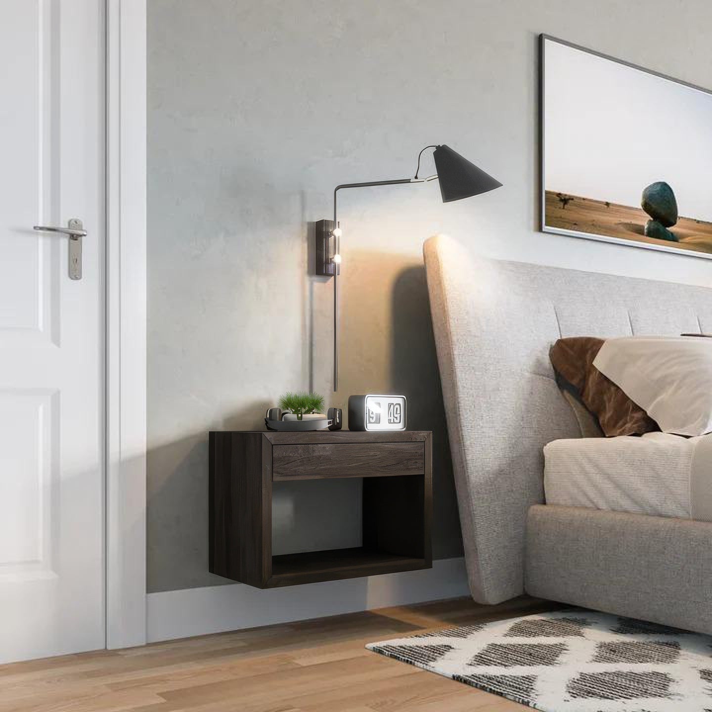 Hugo Black Beech Floating Nightstand - wall-mounted beside bed, dark beech wood with drawer and open shelf, bedroom setting