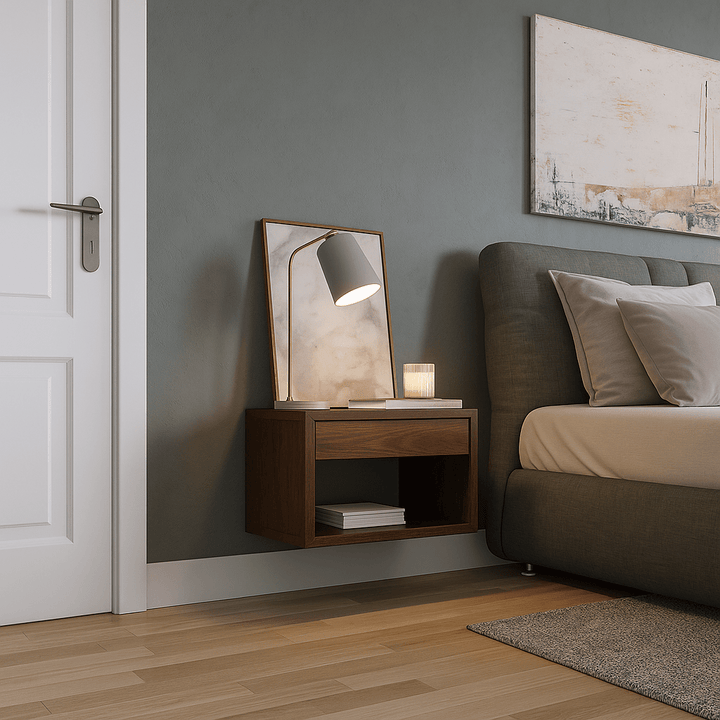 Floating Wide Nightstand Hugo - Walnut Beech with wall-mounted design, open storage space, warm wood tone, minimalist modern bedroom setting, gallery position 1.