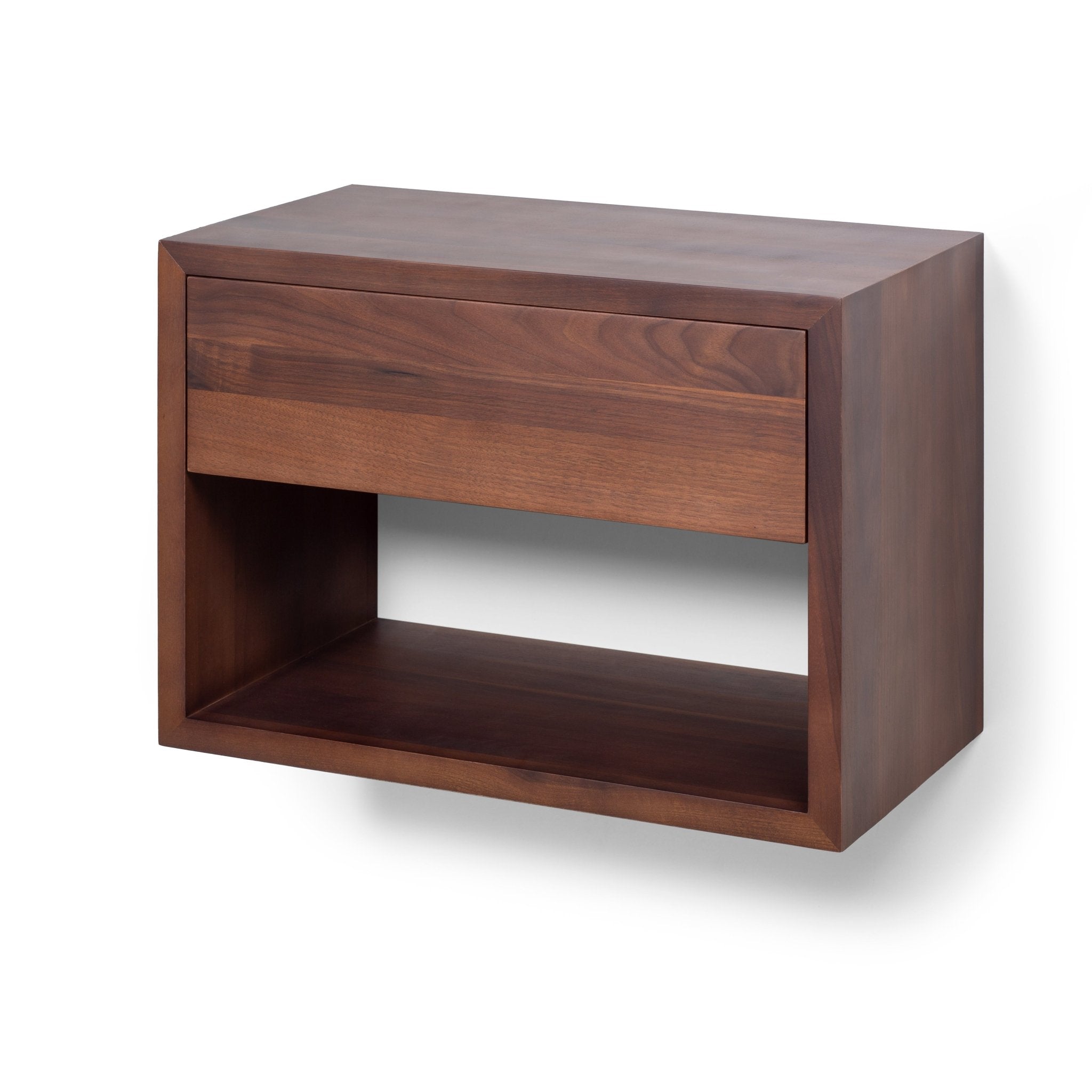 Floating Wide Nightstand Hugo With Drawer - Walnut Wood with minimalist design and open storage shelf