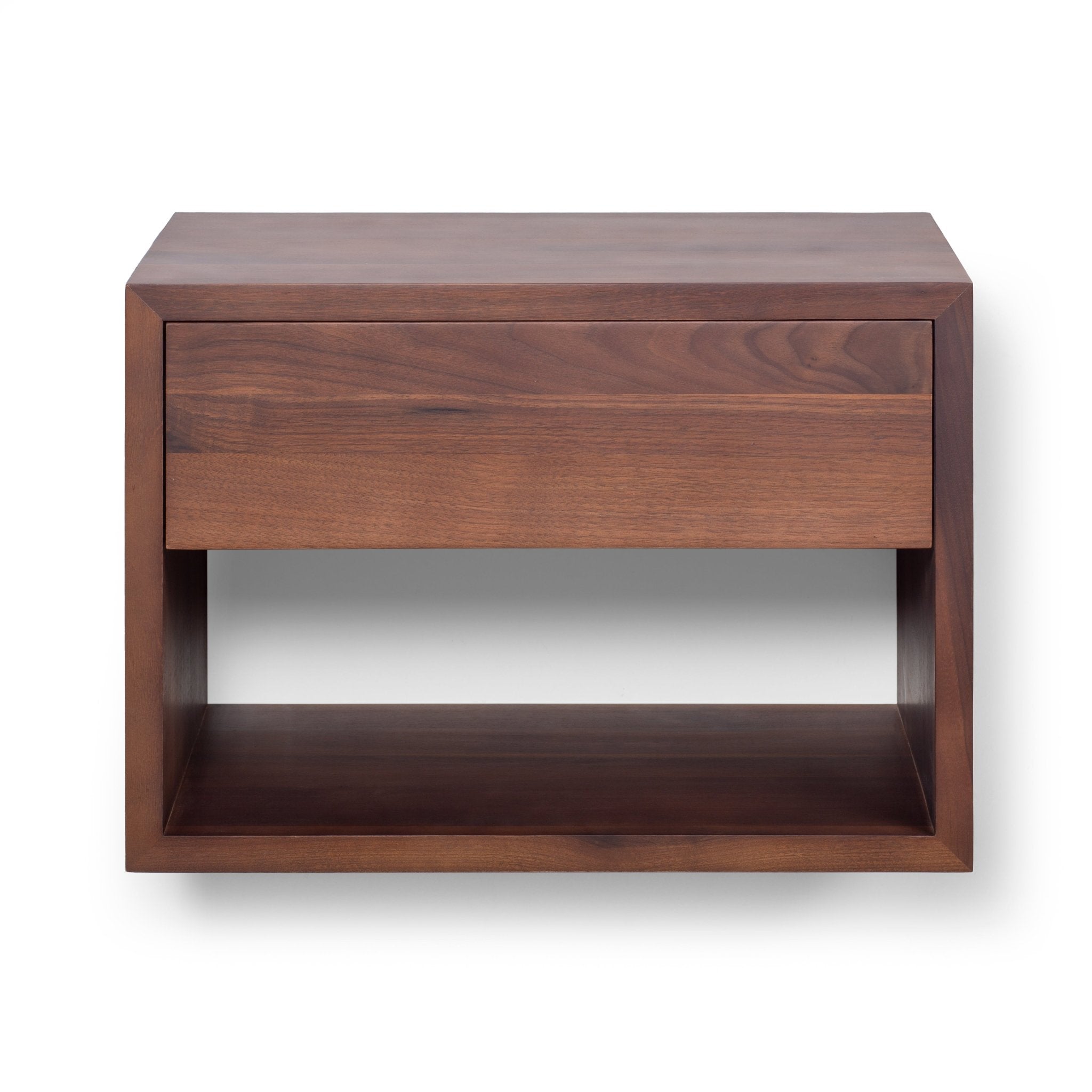 Floating Wide Nightstand Hugo With Drawer - Walnut Wood with minimalist design and open lower shelf for storage or display.