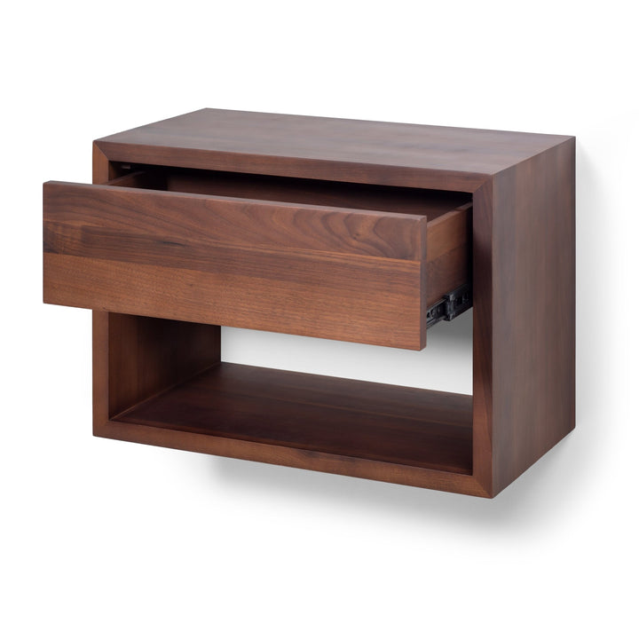 Floating Wide Nightstand Hugo With Drawer - Walnut Wood wall-mounted nightstand with minimalist design and open storage space