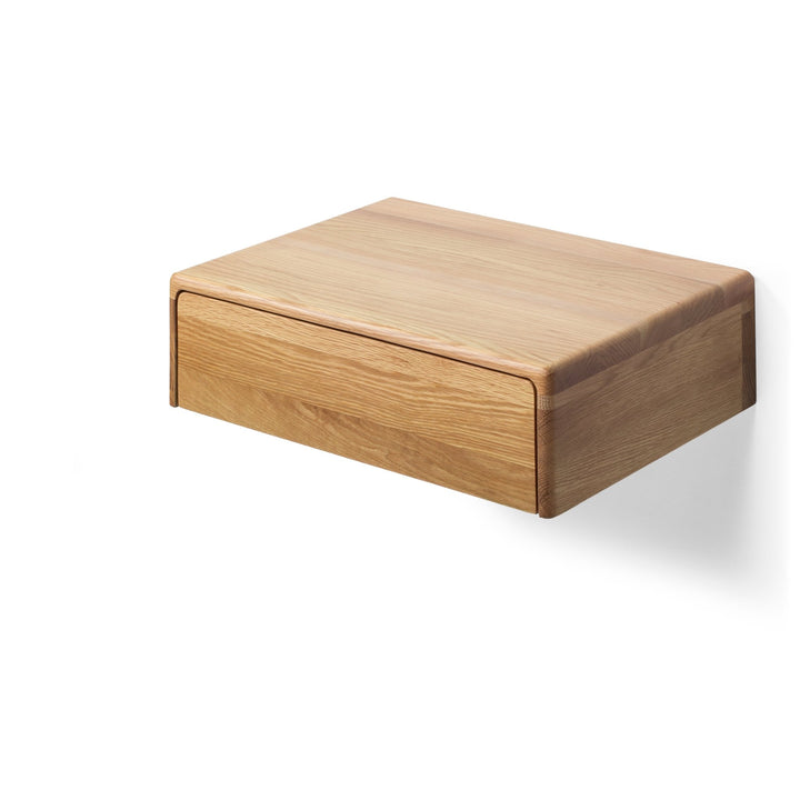 Frank American White Oak Floating Nightstand - slim profile, single drawer, natural oak grain, side view