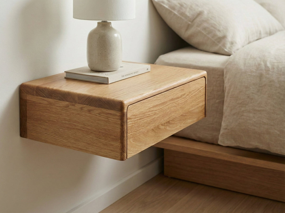 Frank American White Oak Floating Nightstand - wall-mounted beside bed, single drawer, matte lacquer finish