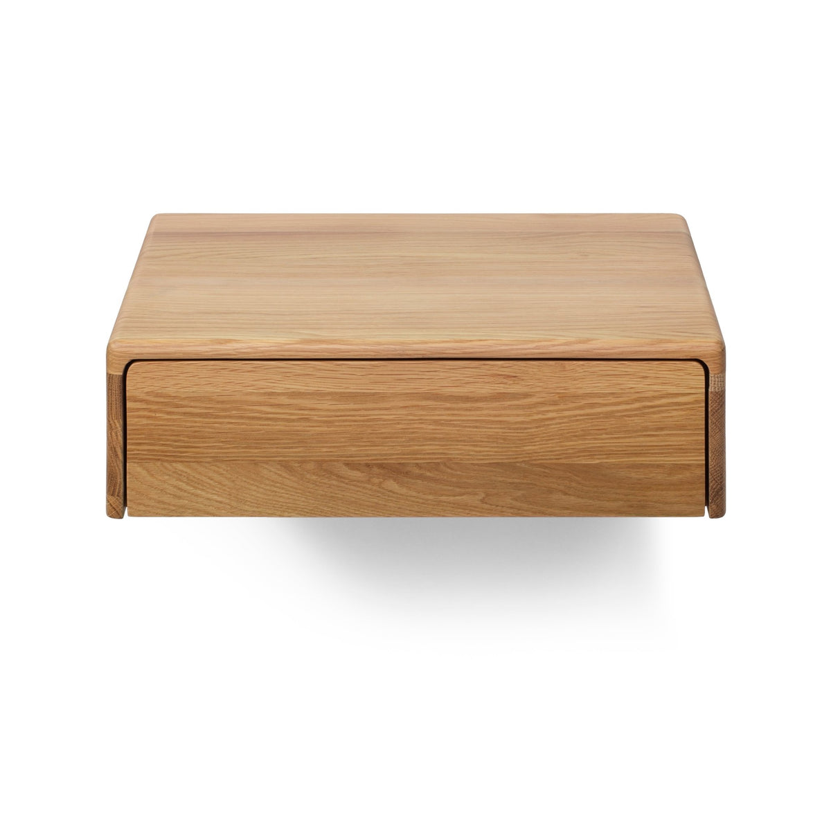 Frank American White Oak Nightstand - drawer pulled open showing hidden storage, solid oak frame, wall-mounted