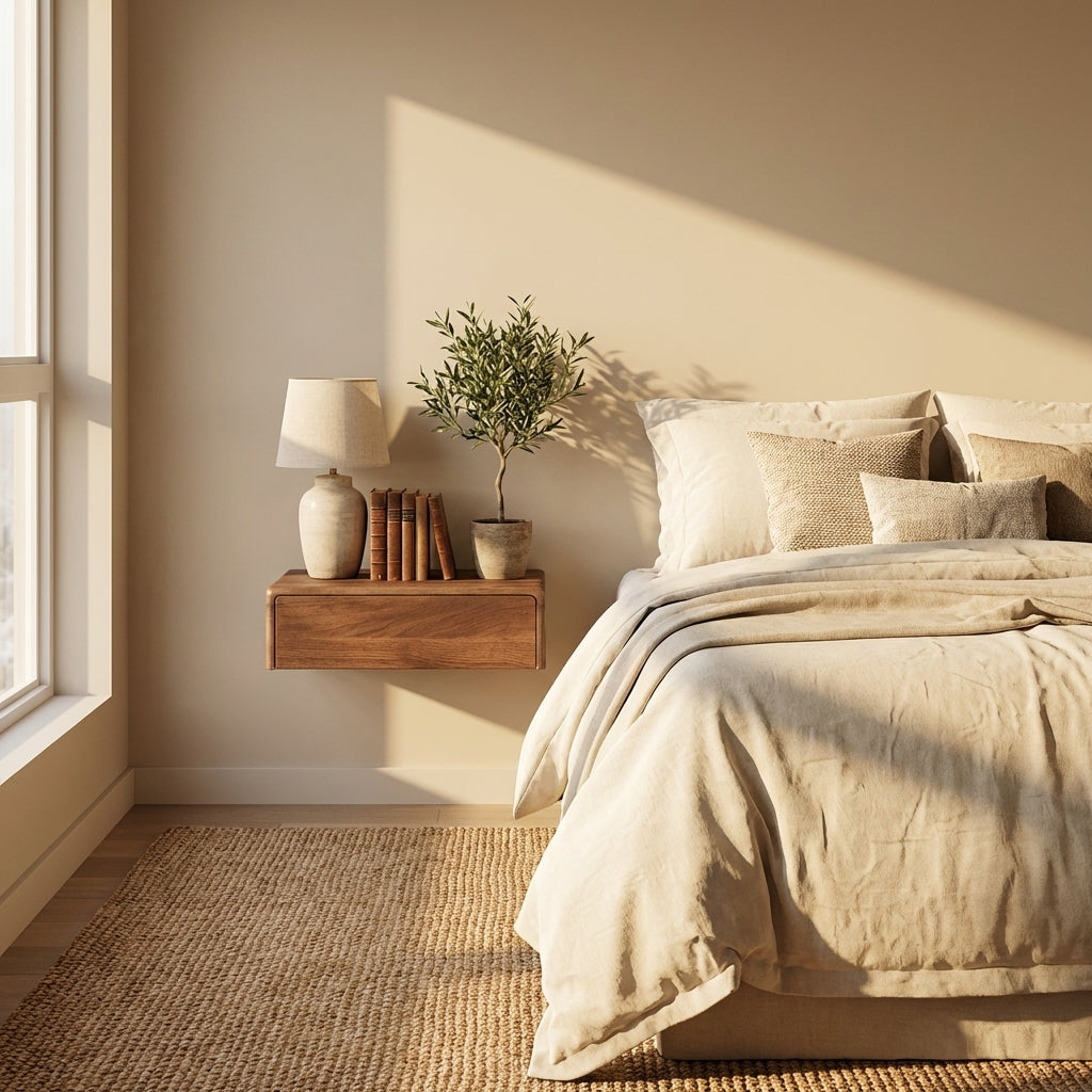 Frank Walnut Floating Nightstand styled in a bedroom with a ceramic lamp, book, and small plant on top beside a linen bed