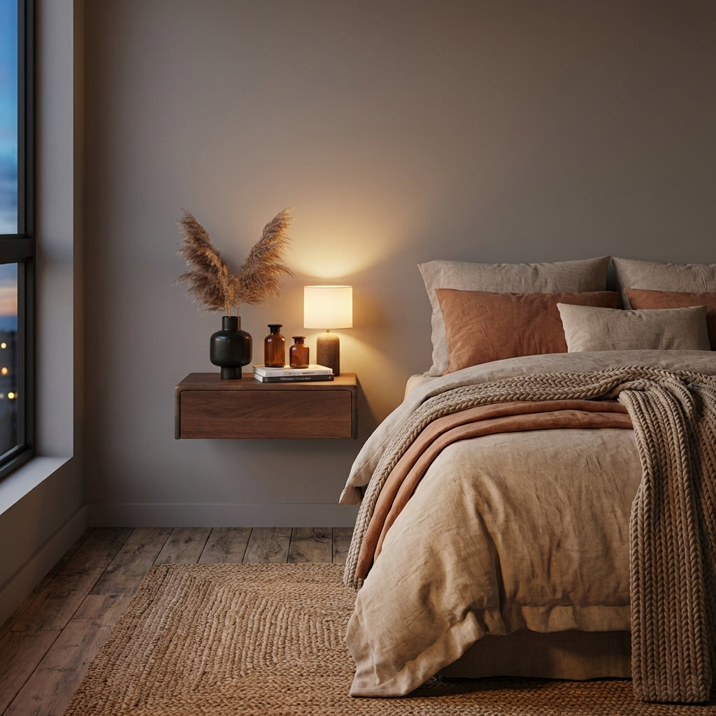 Frank Walnut Floating Nightstand in a minimalist bedroom setting with soft lighting and personal items on the surface