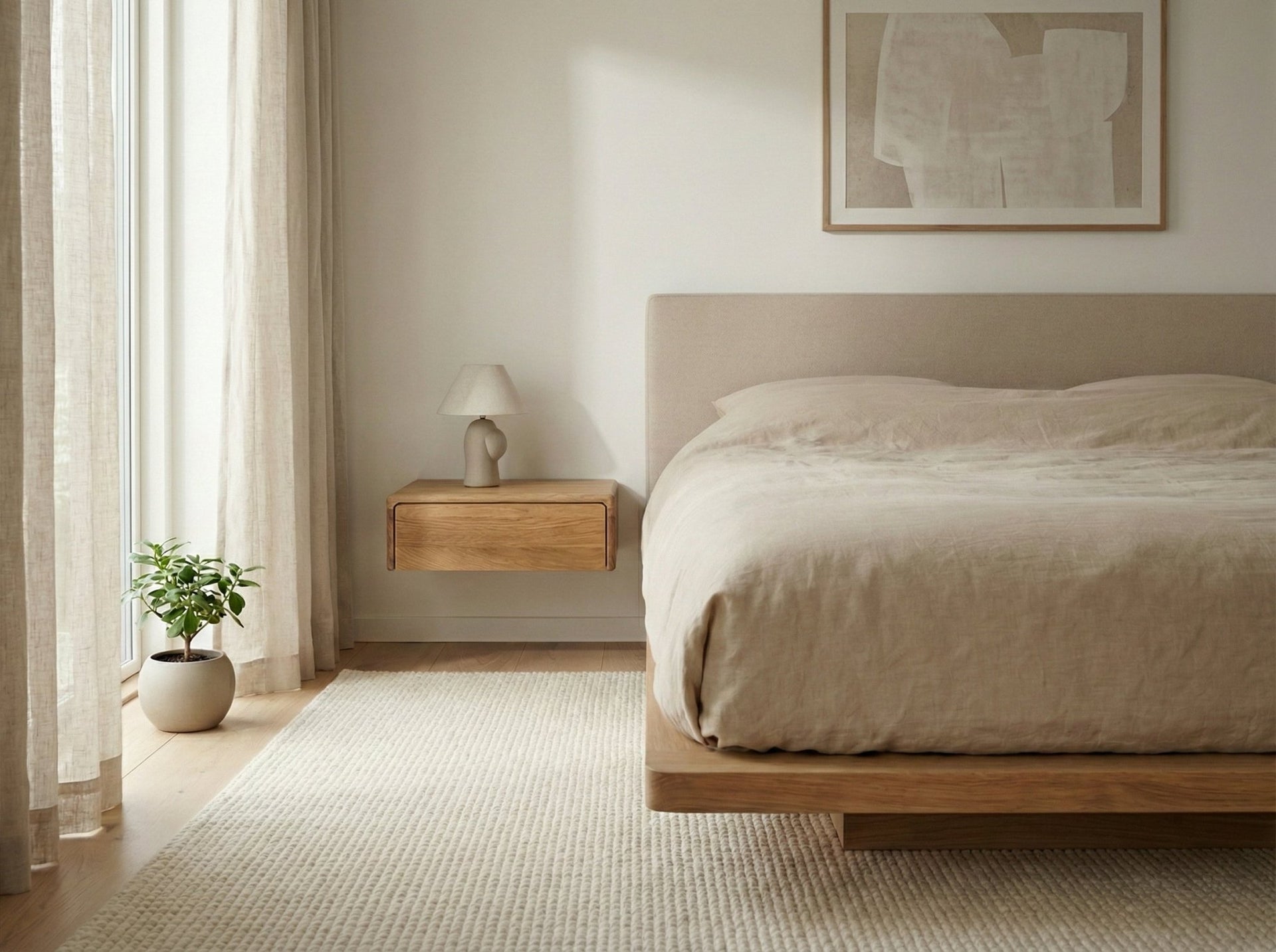 Frank American White Oak Nightstand - wall-mounted floating design, single drawer, natural oak grain, angled view