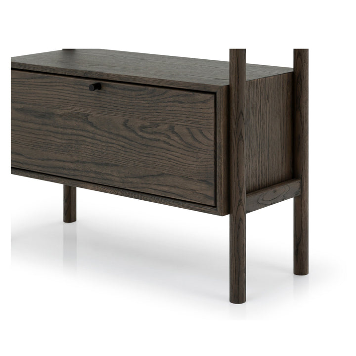 Franz Bookcase – Solid Oak, Espresso finish close-up of espresso matte lacquer drawer and round solid oak legs