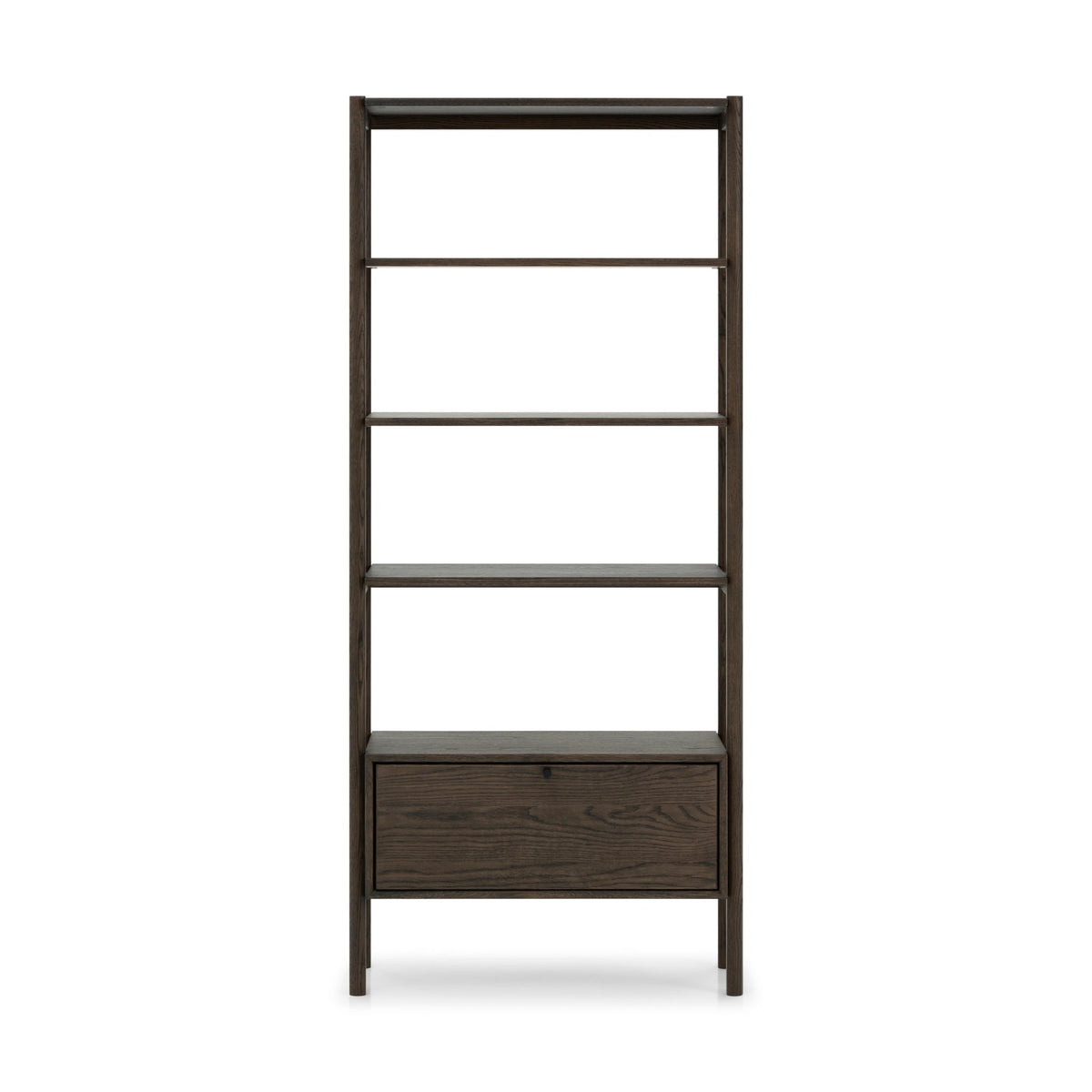 Solid oak bookcase with natural grain, clean lines, and functional shelving