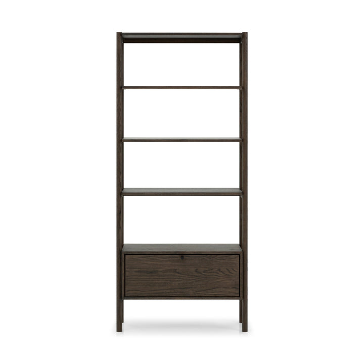 Solid oak bookcase with natural grain, clean lines, and functional shelving