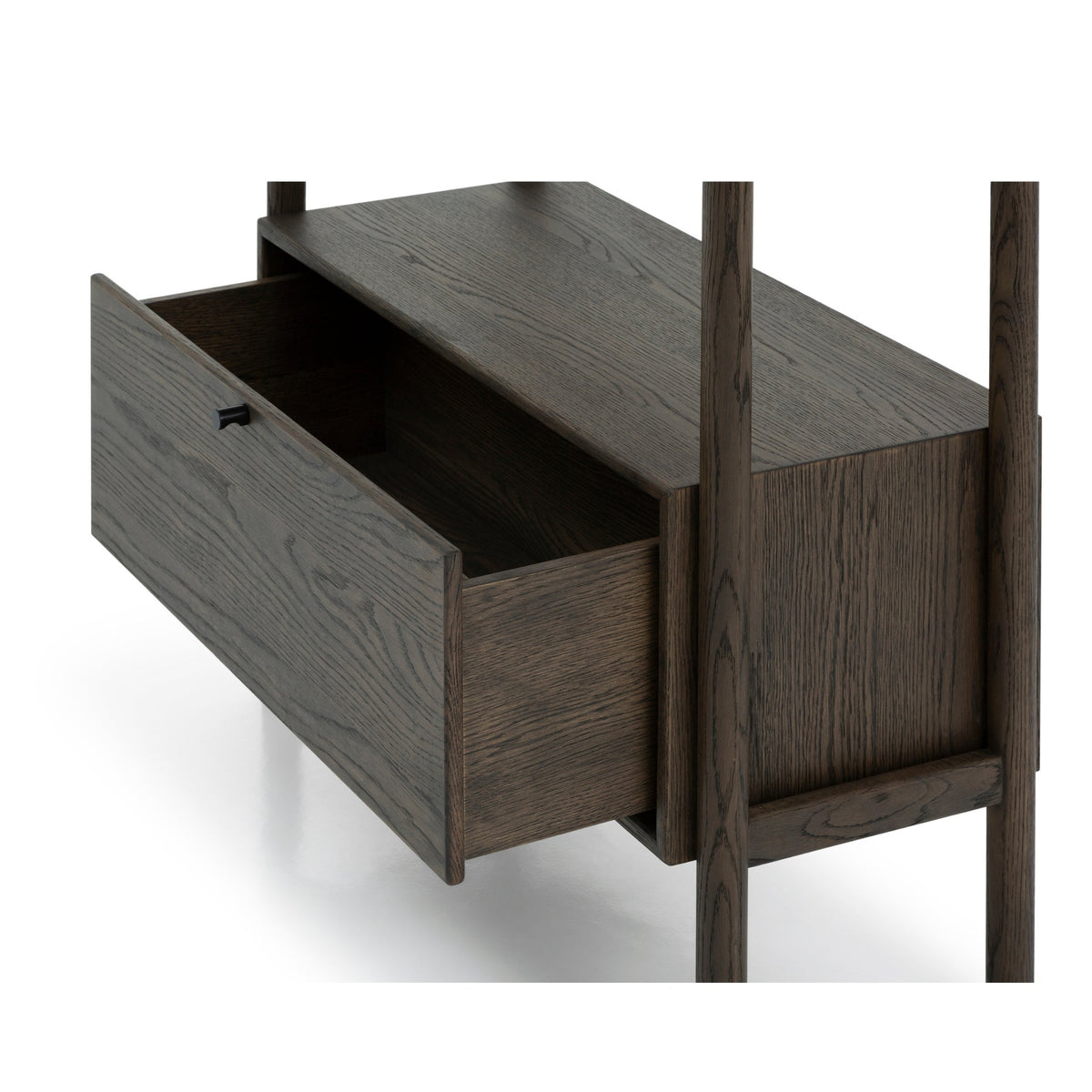 Franz Bookcase – Solid Oak, Espresso finish close-up of open drawer and solid oak grain texture