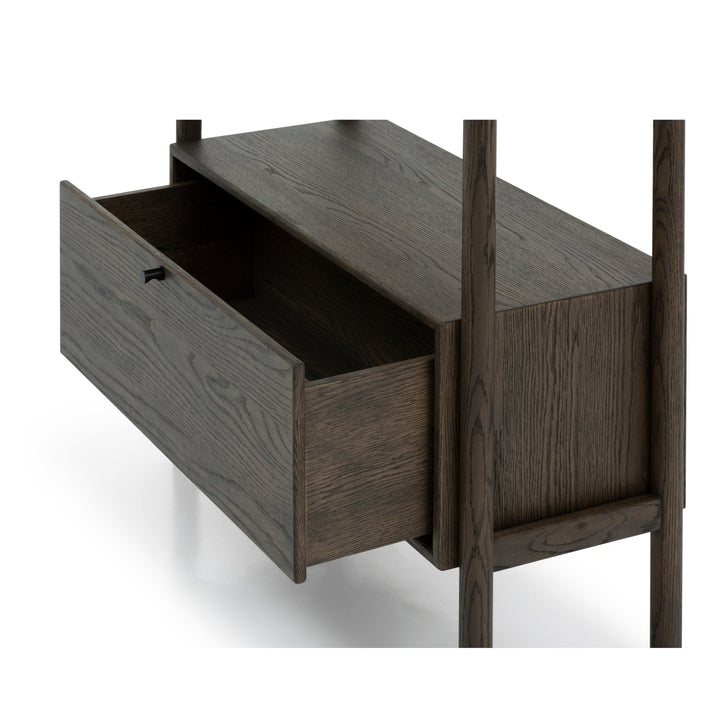 Franz Bookcase – Solid Oak, Espresso finish close-up of open drawer and solid oak grain texture
