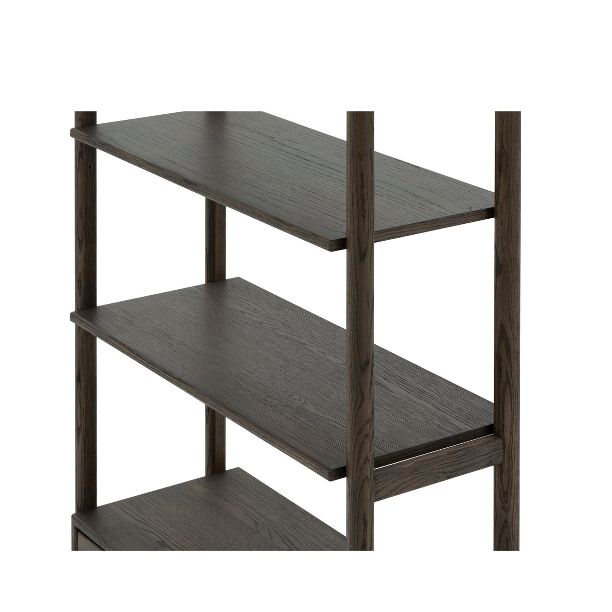 Franz Bookcase – Solid Oak, Espresso finish close-up of dark wood grain and minimalist shelf structure