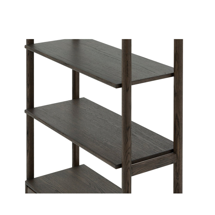 Franz Bookcase – Solid Oak, Espresso finish close-up of dark wood grain and minimalist shelf structure