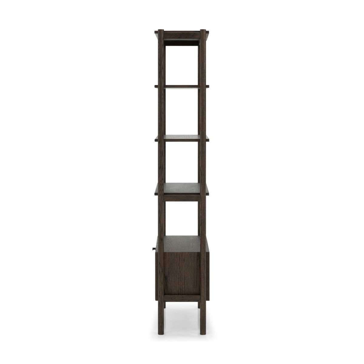 Franz Bookcase – Solid Oak, Espresso finish, side view of slim profile with open shelves and closed storage