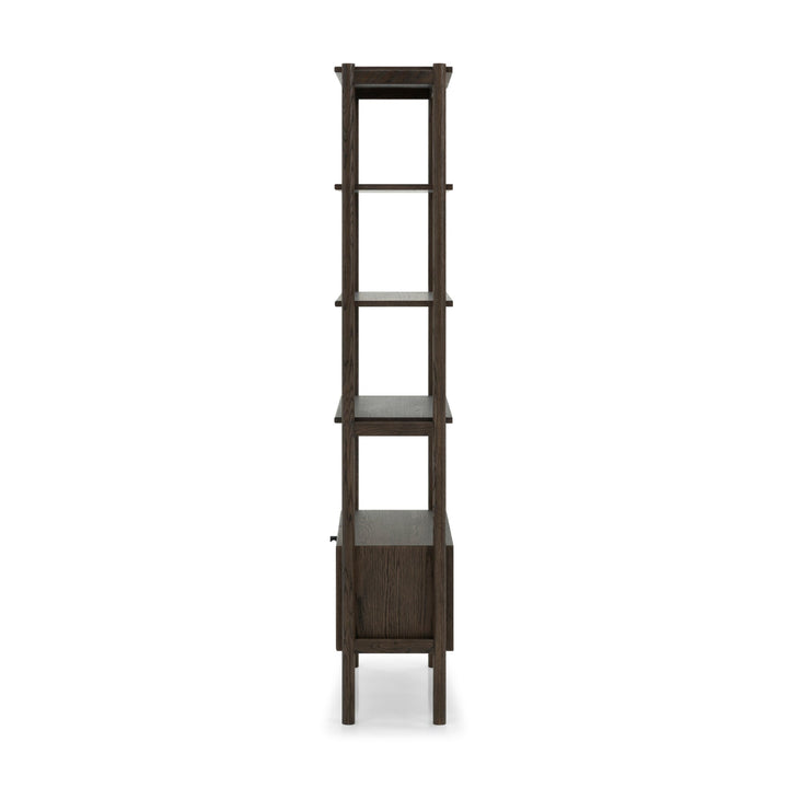 Franz Bookcase – Solid Oak, Espresso finish, side view of slim profile with open shelves and closed storage
