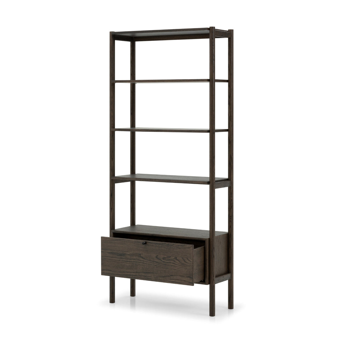 Franz Bookcase – Solid Oak, Espresso finish with open shelves and single drawer in minimalist solid oak wood design