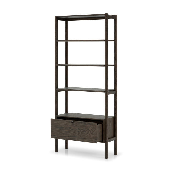 Franz Bookcase – Solid Oak, Espresso finish with open shelves and single drawer in minimalist solid oak wood design