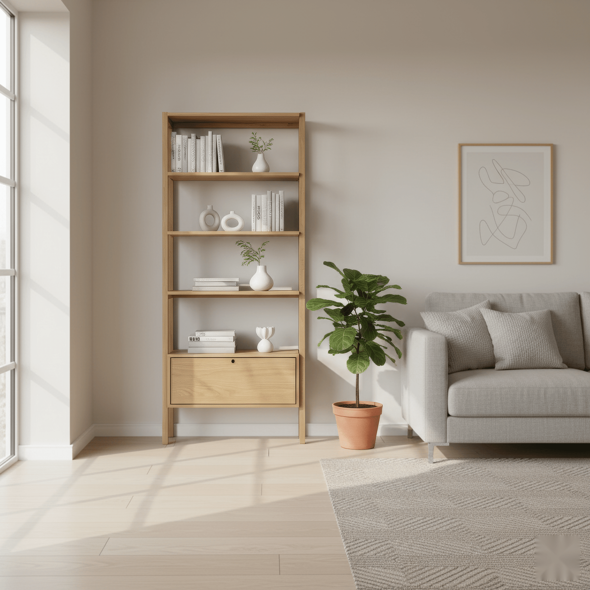 Franz Bookcase – Solid Oak & Veneer with drawers, displaying minimalist Scandinavian design and natural oak wood grain in a bright living room setting