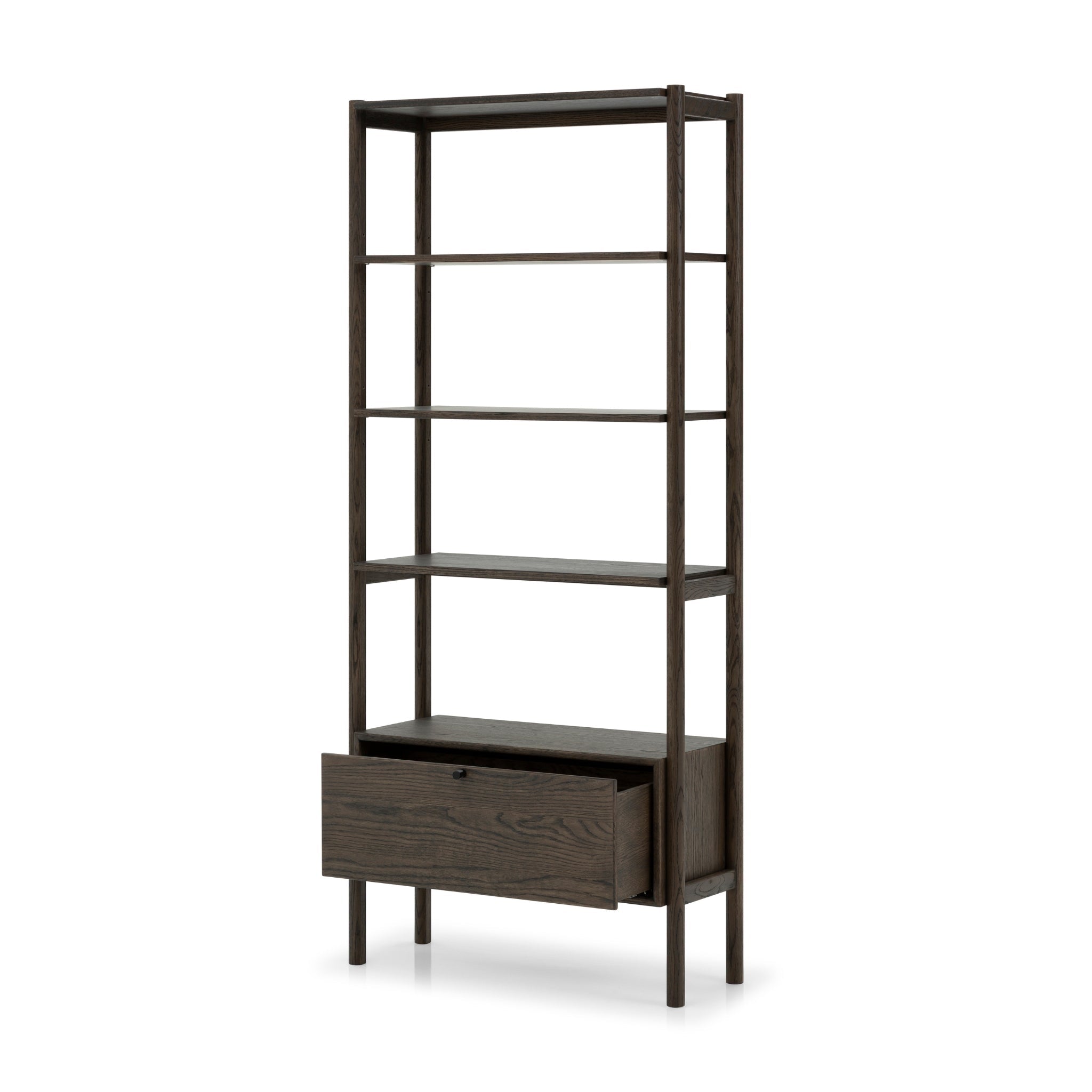 Franz Bookcase – Solid Oak & Veneer, Espresso finish with open shelves and single drawer in minimalist solid oak wood design, gallery position 1