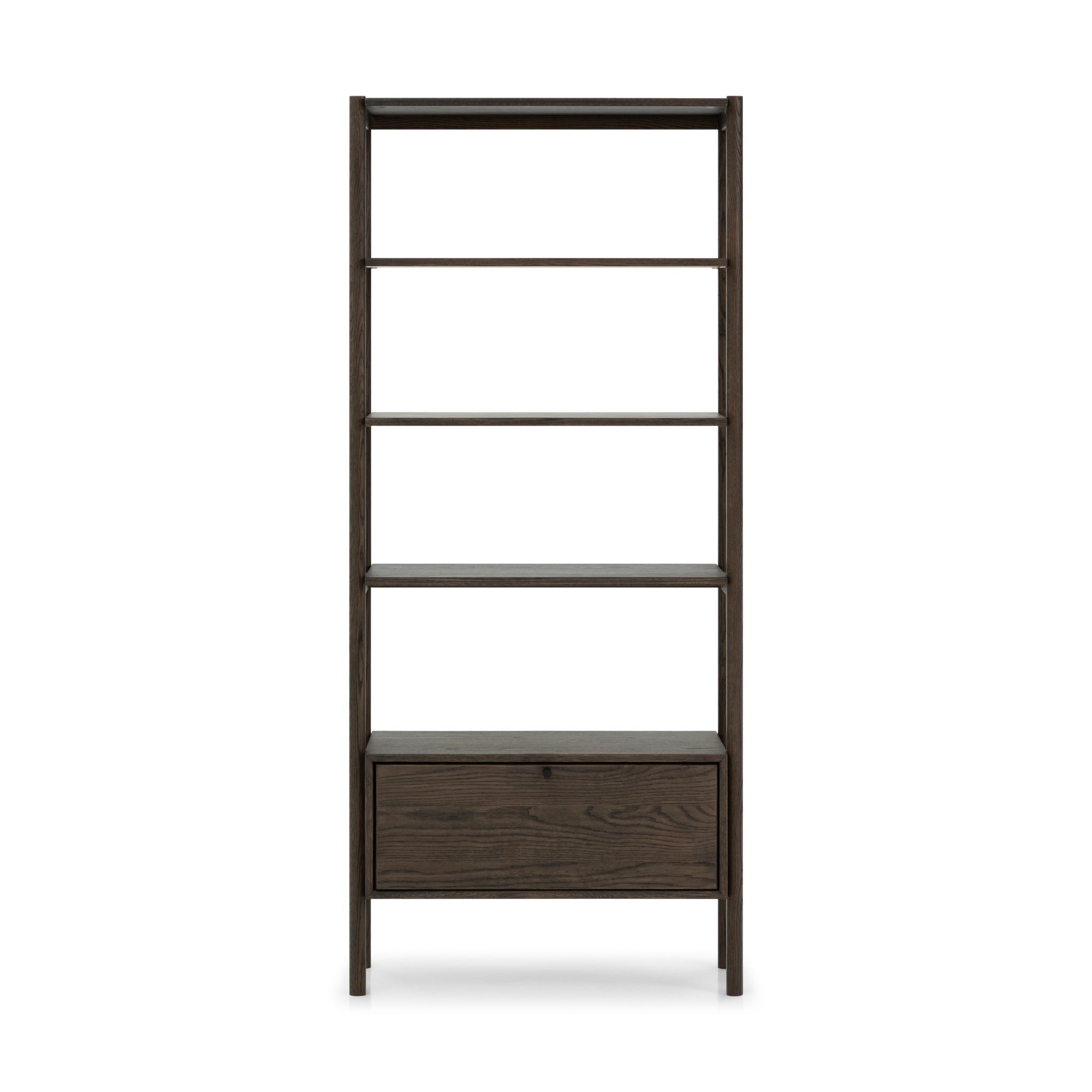 Solid oak and veneer bookcase with natural grain, clean lines, and functional shelving