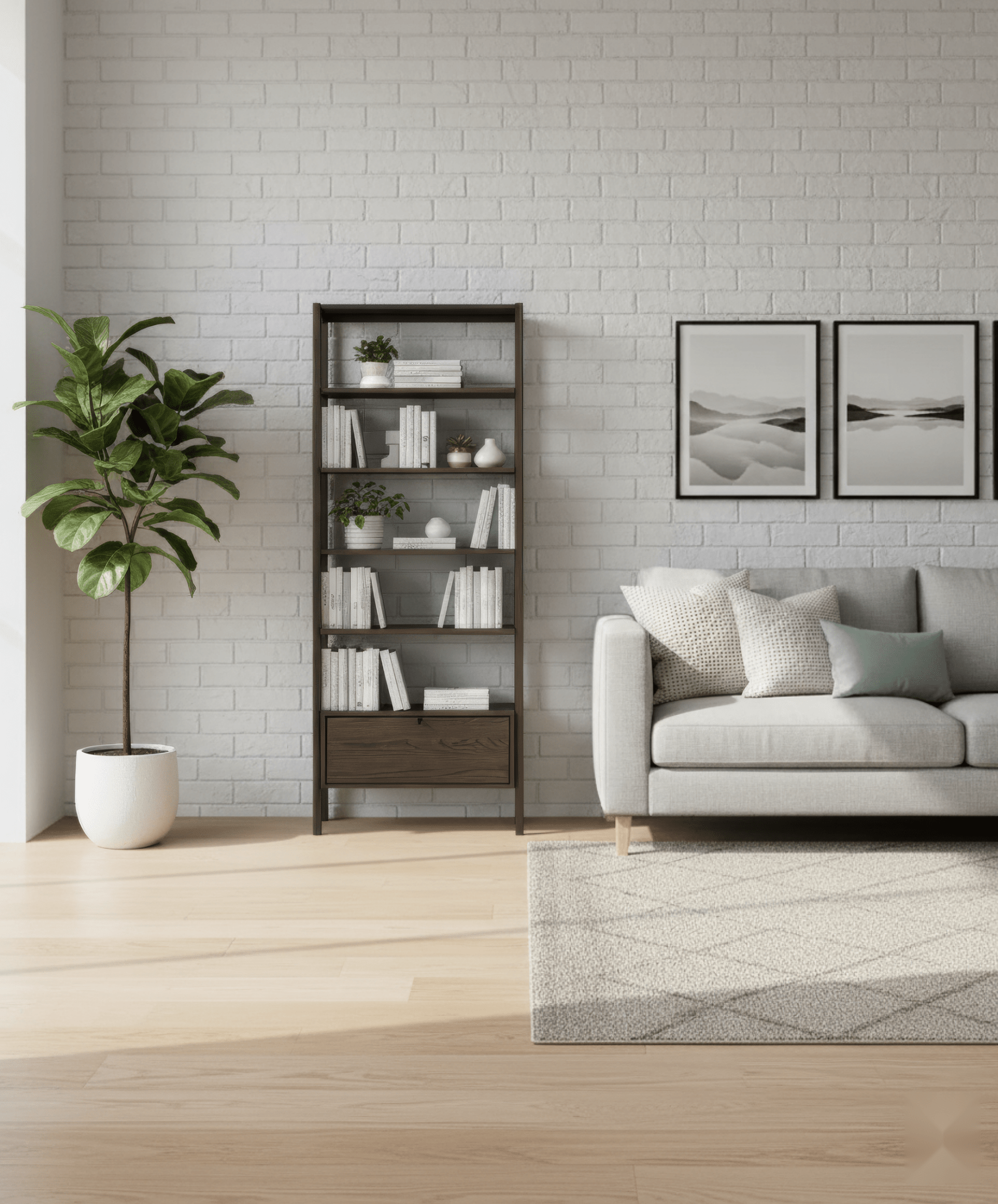 Franz oak bookcase with open shelves and lower drawer, solid wood and veneer design