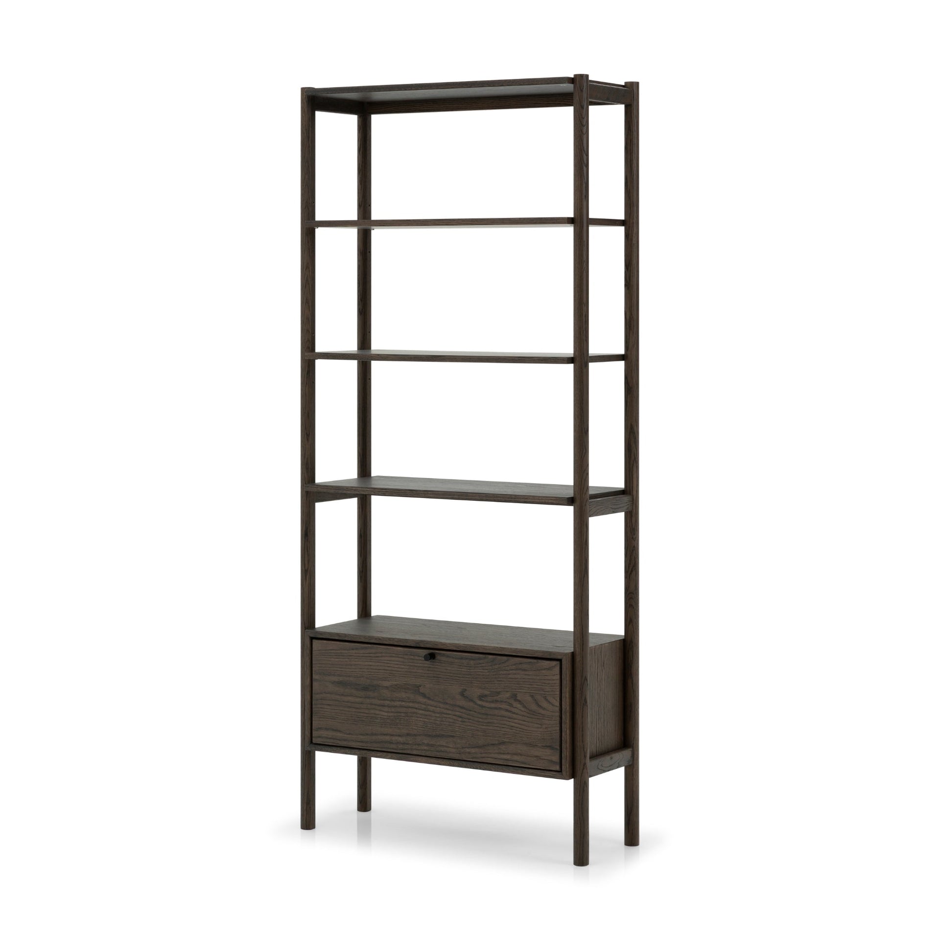 Modern oak bookshelf with matte lacquer finish, open storage and hidden drawer