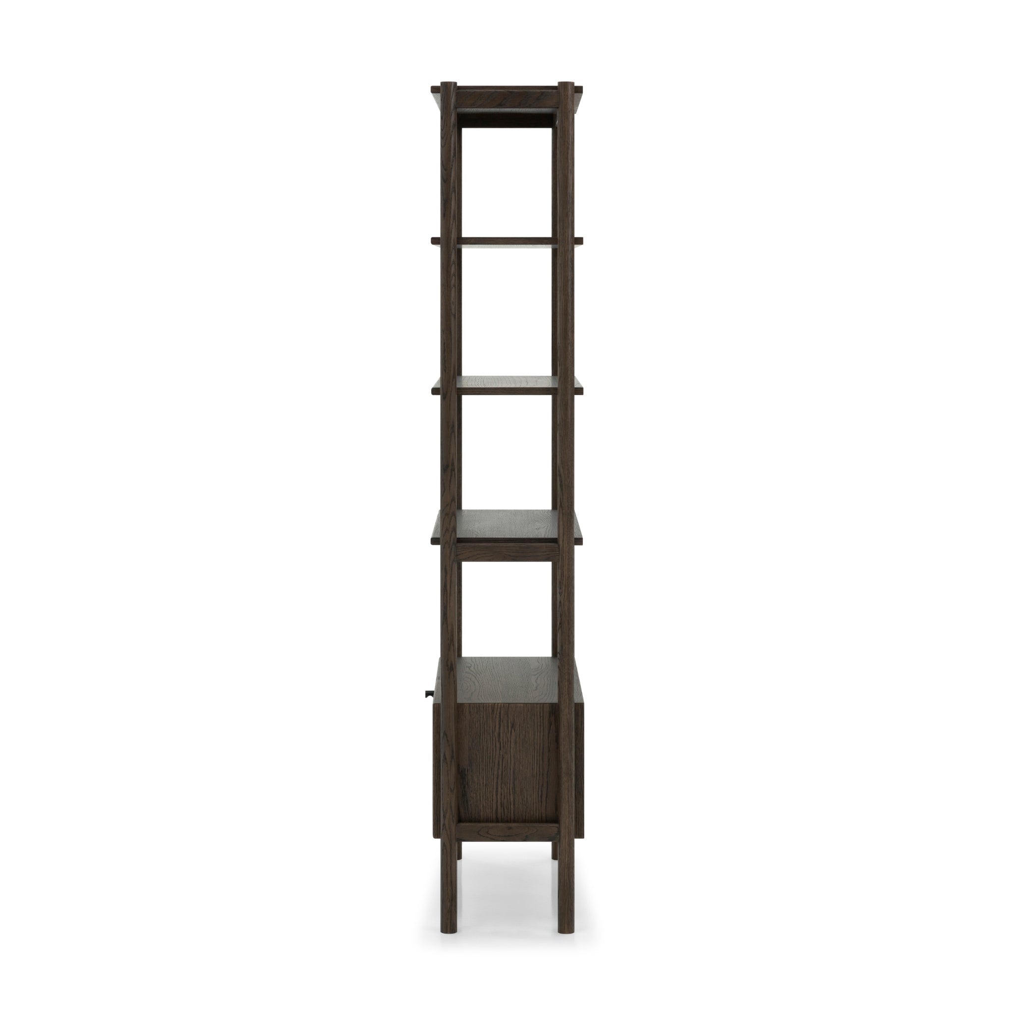 Franz Bookcase – Solid Oak & Veneer, Espresso finish, side view of slim profile with open shelves and closed storage, gallery position 1