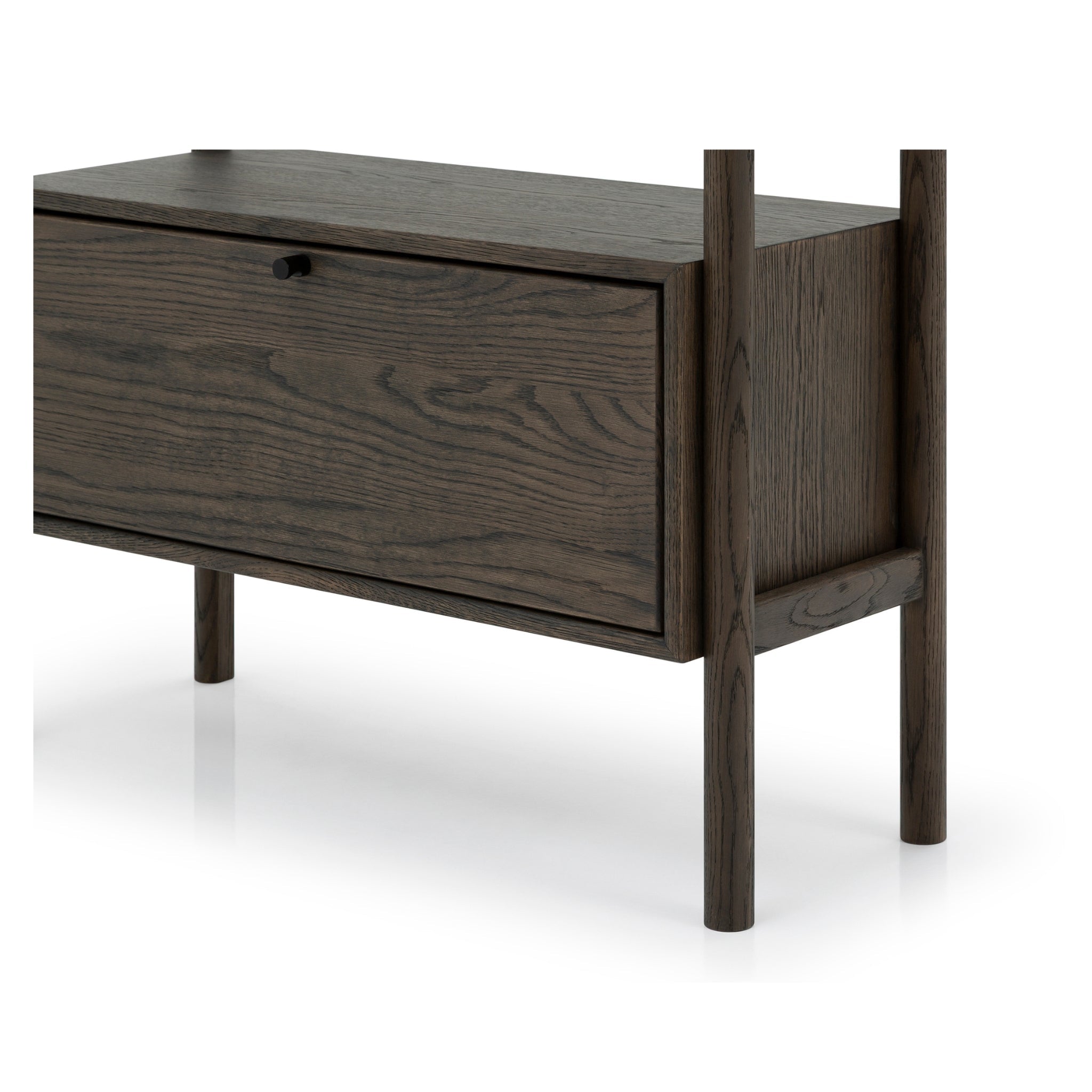 Franz Bookcase – Solid Oak & Veneer, Espresso finish close-up of espresso matte lacquer drawer and round solid oak legs, gallery position 1