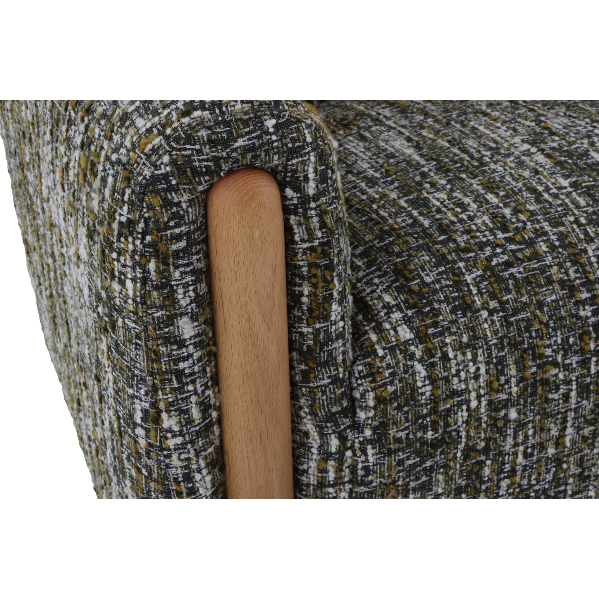 Franz – Green Fabric Armchair with Oak Legs close-up on textured green fabric upholstery with visible natural oak vertical armrest detail, gallery position 1