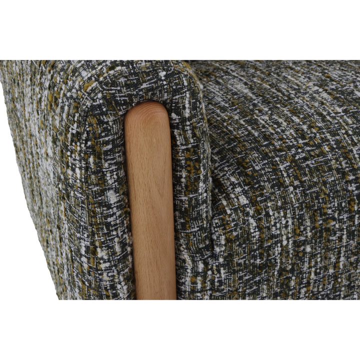 Franz – Green Fabric Armchair with Oak Legs close-up on textured green fabric upholstery with visible natural oak vertical armrest detail, gallery position 1
