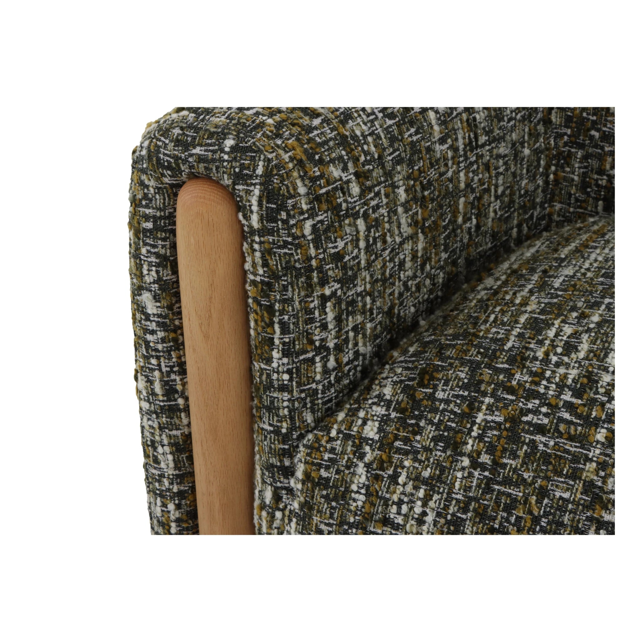 Franz – Green Fabric Armchair with Oak Legs close-up on textured green upholstery and smooth natural oak armrest detail, gallery position 1, file Tugitool-Franz-Roheline-kangas-7.webp