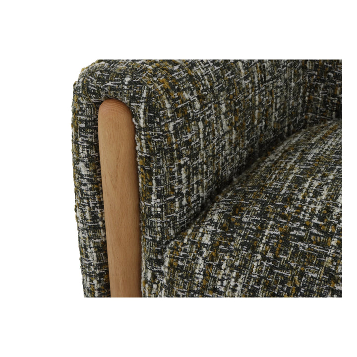 Franz – Green Fabric Armchair with Oak Legs close-up on textured green upholstery and smooth natural oak armrest detail, gallery position 1, file Tugitool-Franz-Roheline-kangas-7.webp