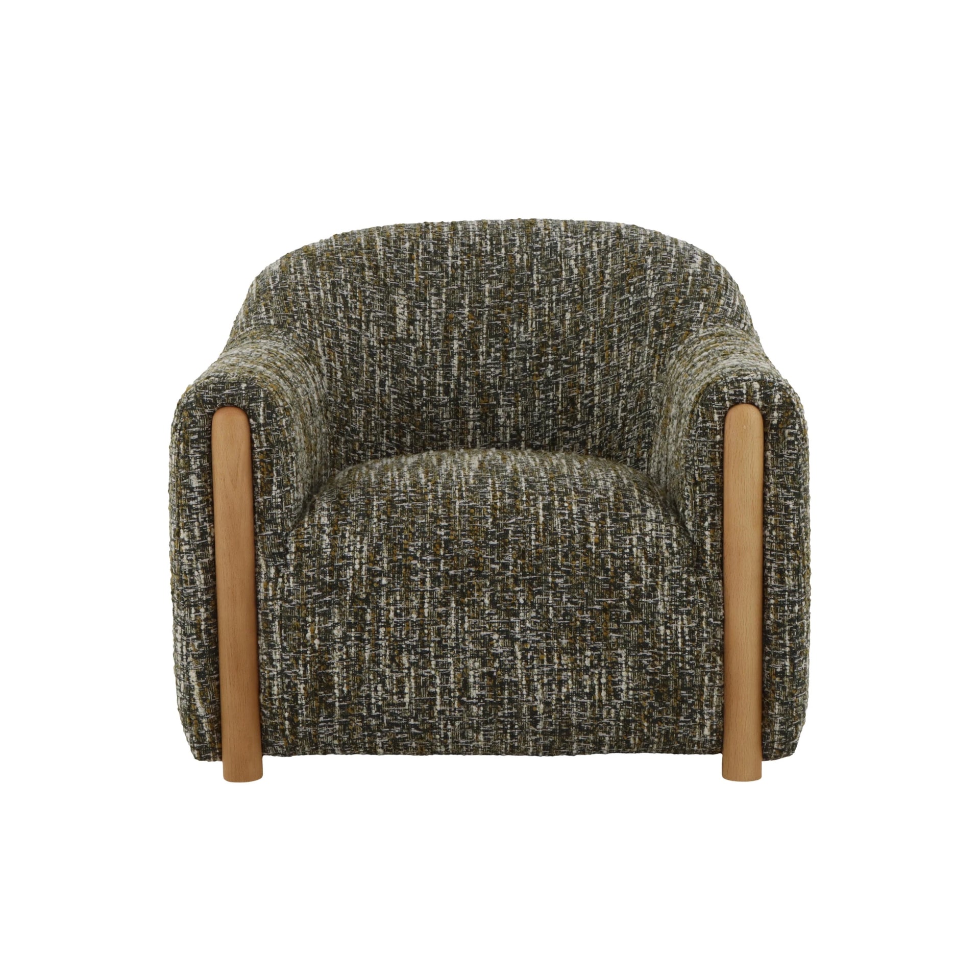 Modern green fabric lounge chair with natural oak frame and organic silhouette